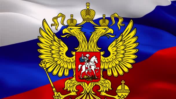 Bandera Rusia Con Emblema Águila Video Ondeando Viento Escudo Armas — Vídeo de stock