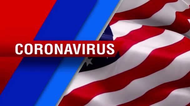 Coronavirus Texto Vídeo Bandera Ondeando Viento Antecedentes Realistas Bandera Estadounidense — Vídeo de stock