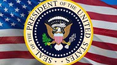 Birleşik Devletler Başkanı 'nın resmi mührü. Amerika 'nın bağımsızlık günü kutlu olsun. Amerikan bayrağı geçmişi, 3D tasviri. Amerika Birleşik Devletleri bayrağı. Reklam verilecek yer.