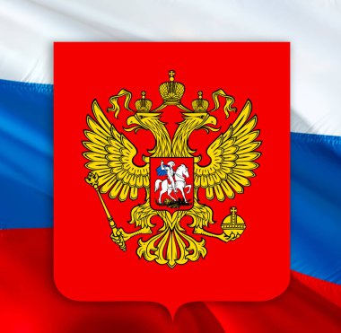 Rus bayrağında armalı Moskova bayrağı. Kremlin Rusya 'nın başkenti Moskova' nın arması, 3D. Moskova arması. Rusya Başkanlığı Ulusal Amblemi Kremlin Rus bayrağına imza attı