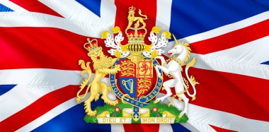 Birleşik Krallık arkaplanının Kraliyet arması. Büyük Britanya 'nın ulusal amblemi. İngiliz bayrağı geçmişi. İngiltere Bayrağı, Londra. 1 Mayıs İngiliz Arma Birliği, Silahlı Kuvvetler