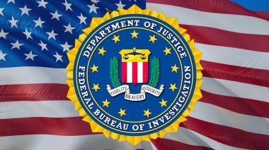 ABD bayrağının FBI amblemi rüzgarda uçuşuyor. Federal Araştırma Bürosu Bayrak geçmişi, 3D görüntüleme. A.B.D. Kuvvetleri Bayrağını sallıyor. Yakından HD görüntüsü. Federal Büro bayrağı.
