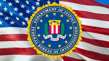 FBI Federal Araştırma Bürosu, ABD bayrağını dalgalandırıyor. Ulusal Güvenlik FBI Federal Soruşturma Bürosu. Bayrak geçmişi 3D. ABD FBI bayrağı.