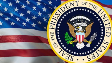 Amerika Birleşik Devletleri Başkanı 'nın Amerikan bayrağı geçmişi olan mührü. Başkanlık Günü için ABD mührü, 3D yorumlama. Başkanlık mühür tasarımı ABD arka planında izole edildi. ABD Kabanları. Siyaset danışmanı.