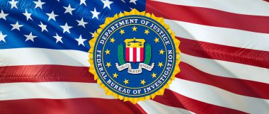 Federal Soruşturma Bürosu, ABD FBI bayrağını sallıyor. Ulusal Güvenlik FBI Federal Soruşturma Bürosu. Bayrak geçmişi 3D. ABD FBI bayrağı.