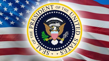 Amerikan bayrağında Birleşik Devletler Başkanı 'nın mührü. Amerikan başkanlık / Büyük Mühür. Amerikan kartalı, 3D görüntüleme. ABD bayrağında Amerikan Başkanlığı Ulusal Kartal Tabelası. Arkaplan.