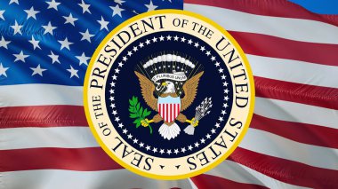 Amerikan Cesur Kartal Ulusal Sembolü. Beyaz Saray 'da ABD Başkanı' nın arması, 3D. Amerikan kartalı. ABD bayrağı ve Beyaz Saray işareti. Siyaset konsepti. Mutlu Başkanlar Da