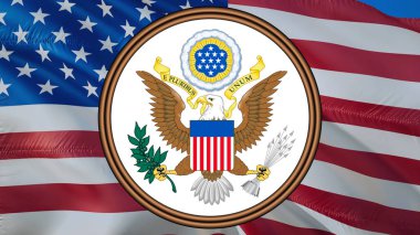 Birleşik Devletler 'in büyük mührü. Amerikan Cesur Kartal Ulusal Sembolü. Amerikan kartalı, 3D görüntüleme. ABD bayrağı ve Beyaz Saray işareti. Siyaset konsepti. Başkanlar Günün kutlu olsun. ABD ABD Mührü