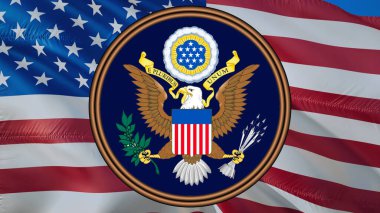 Amerikan kartalı. ABD bayrağında Birleşik Devletler mührü. Amerikan başkanlık mührü, 3D. Amerika Birleşik Devletleri bayrak arka planında Amerikan Başkanlığı Ulusal Kartal Tabelası. ABD Arma Paltosu