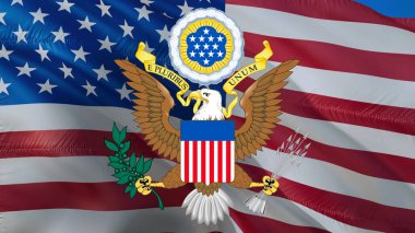 Amerika Birleşik Devletleri bayraklı arka planında Birleşik Devletler mührü. Amerika Birleşik Devletleri Tatilleri için Amerikan Bayrak Arkaplanı, 3D görüntüleme. Amerikan Bayrağı geçmişi. Cumhurbaşkanları Günü. Banner ABD Başkanı
