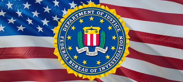 United States FBI emblem waving on United States flag. National 3d Federal Bureau of Investigation flag waving, 3d rendering. Sign of US FBI. FBI flag Background. USA FBI flag -Washington, 2 May 201