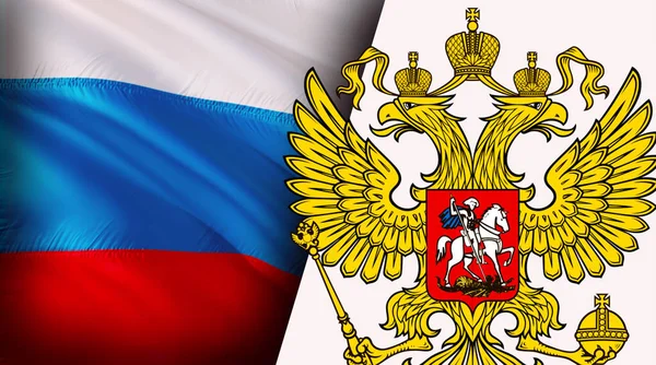 Ruská Vlajka Znakem Orla Vlnícího Větru Realistické Pozadí Ruské Vlajky — Stock fotografie