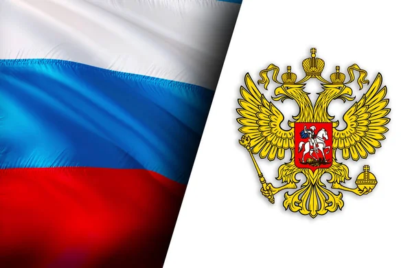 Russian flag  waving in wind half white background for text. Realistic Russian Coat of arms Flag background, 3d rendering. Russia Flag Looping Closeup .Russia Kremlin country flags  for film,new