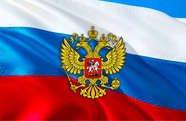 Russia emblem on Russian Federation flag design on Russia background, 3d rendering. Russia Flag Background for Russian Holidays. Russia Flag background. for Russian Day Holiday. Russian National Fla