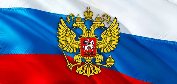 Russia emblem on Russian Federation flag design on Russia background, 3d rendering. Russia Flag Background for Russian Holidays. Russia Flag background. for Russian Day Holiday. Russian National Fla