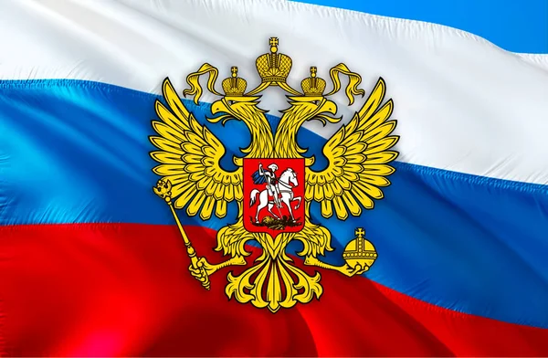 Russian flag with Coat of arms of Russia. Kremlin presidential Coat of arms of Russia, 3d rendering. Russian eagle. Russian Presidential National emblem Kremlin Sign on Russia flag Background.Russia