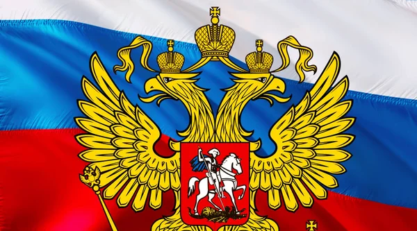 俄罗斯国徽在俄罗斯背景上的俄罗斯联邦国旗图案 3D渲染 俄罗斯国旗背景的俄罗斯假期 俄罗斯国旗背景 俄罗斯日假期 Russian National Fla — 图库照片