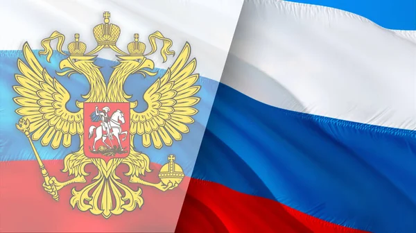 Russian flag with Coat of arms of Russia. Kremlin presidential