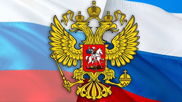 Ruská Vlajka Ruská Vlajka Znakem Orla Vlnícího Větru Realistické Pozadí — Stock fotografie