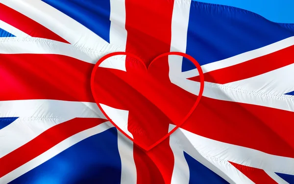 LOVE United Kingdom with UK flag. 3d United Kingdom waving flag. LOVE Sign of UK seamless animation, 3d rendering. United Kingdom flag HD resolution Background. UK flag Closeup Full HD. United Kingdom fla