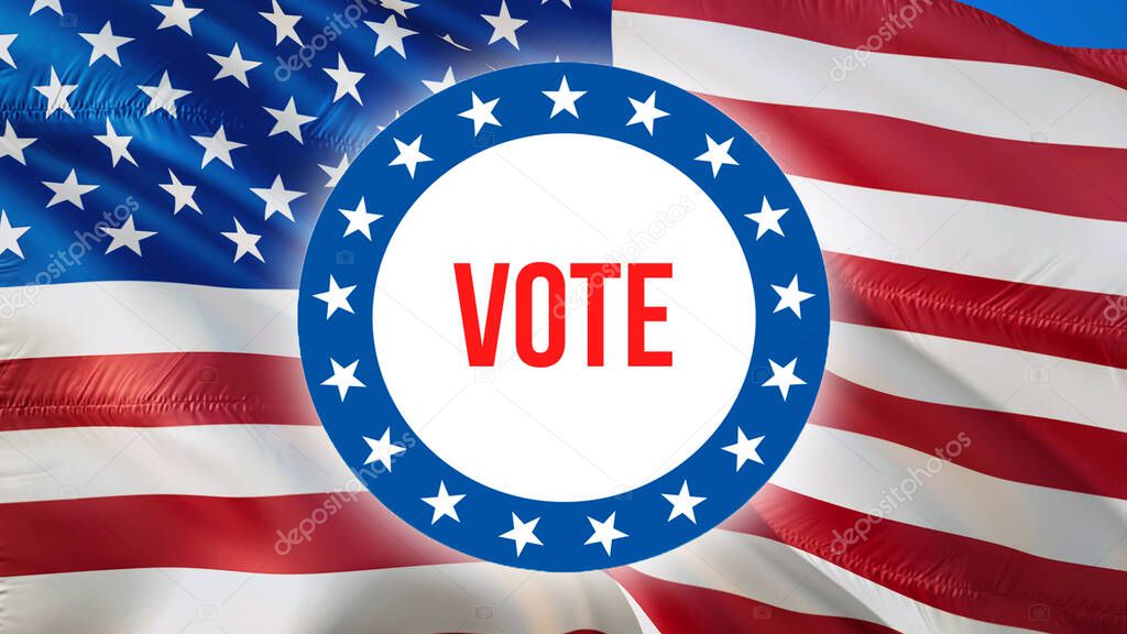 Vote on a USA background. United States of America flag waving in the wind, 3d rendering. Voting, election, Freedom Democracy, Vote concept. US Presidential election banner background on USA Fla