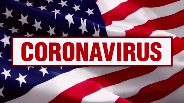 Coronavirus Texto Vídeo Bandera Ondeando Viento Antecedentes Realistas Bandera Estadounidense — Vídeo de stock