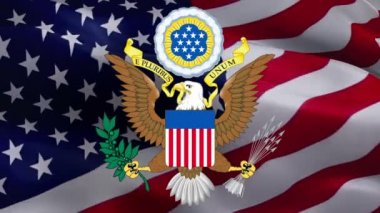 Amerikan kartalı. ABD bayrağında Birleşik Devletler mührü. Amerikan başkanlık mührü. ABD bayrağı üzerinde Amerikan Başkanlığı Ulusal Kartal İşareti. ABD Arkaplan Arması, 2 Mayıs 2019