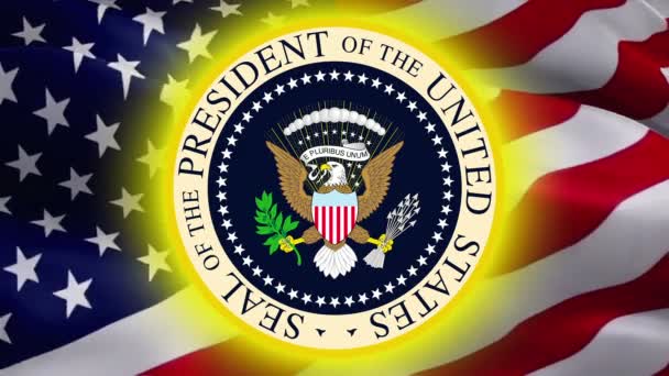 Siegel des Präsidenten der Vereinigten Staaten mit dem Hintergrund der US-Flagge. US-Siegel für den Tag des Präsidenten. Siegelentwurf des Präsidenten isoliert auf einem Konzept der US-Präsidenten -Washington, 2. Mai 2019