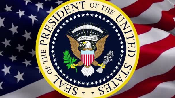 Offizielles Siegel des Präsidenten der Vereinigten Staaten. Glücklicher Unabhängigkeitstag der USA. Hintergrund der amerikanischen Flagge. Die Flagge der Vereinigten Staaten von Amerika, Werbung, Vorlage -Washington, 2. Mai 2019