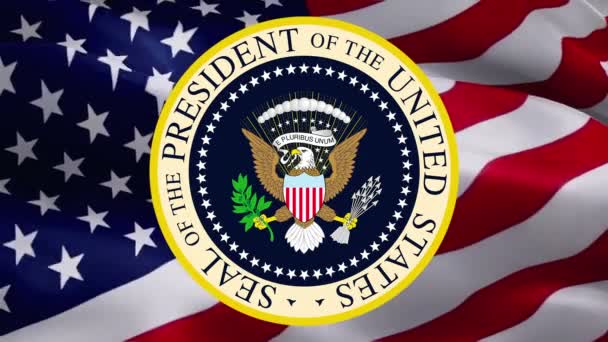 Siegeldesign des Präsidenten vor dem Hintergrund der Vereinigten Staaten. Hintergrund der amerikanischen Flagge für Feiertage in den Vereinigten Staaten. Hintergrund der amerikanischen Flagge. Banner für den Tag des Präsidenten. Feiertag der USA -Washington, 2. Mai 2019