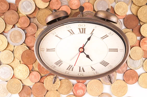 商业货币概念概念 时钟和硬币的图像 — 图库照片