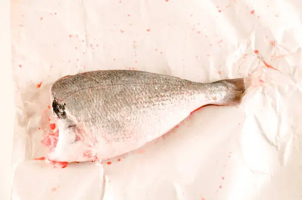 Taze Dorada Balığı Dekore Edilmiş Deniz Çamı Pişirilmeye Hazır — Stok fotoğraf
