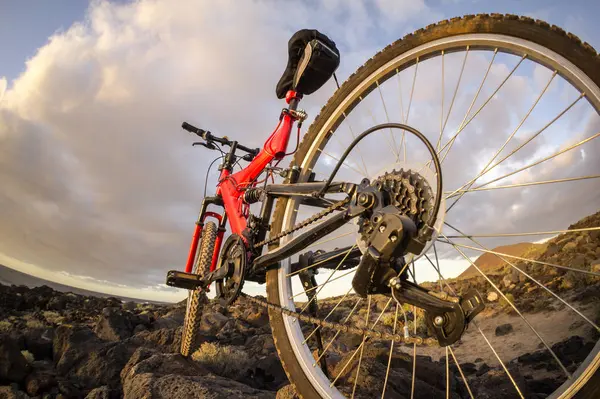 Bild på en mountainbike vid solnedgången — Stockfoto