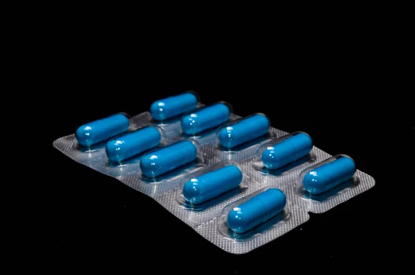 Cápsulas Azules Medicación Primer Plano Del Envase Ampolla —  Fotos de Stock