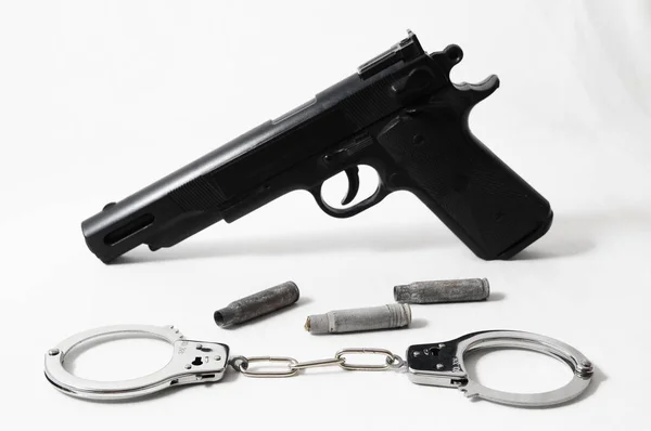 Pistol Gun Handcuffs White Background — Stock Photo, Image