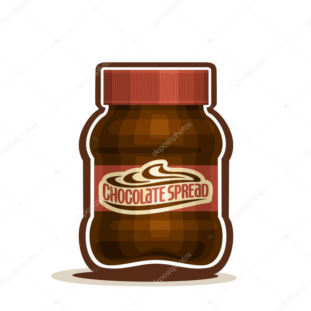 Vector logo Chocolate Spread Jar with label, container jar with choco hazelnut cream butter snack with cap, pot cocoa nut dessert chocolate paste spreading with lid closeup isolated white background.