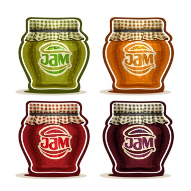 Vektör logo meyve Jam cam Pot kareli kumaş kapak kapak ile ip bağladılar