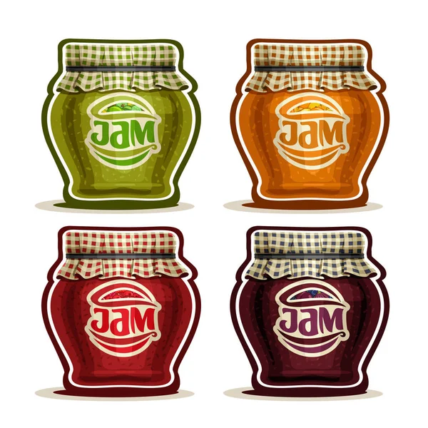 Logo vectoriel Confiture de fruits en verre Pot avec couvercle en tissu à carreaux corde attachée — Image vectorielle