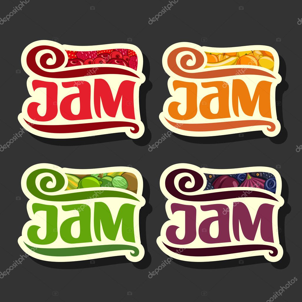 Vector Set colorful Fruits Jam Labels: collection set of abstract label green jam, decoration fruit purple logo or design sticker of orange jams, berry still life emblems isolated on black background.