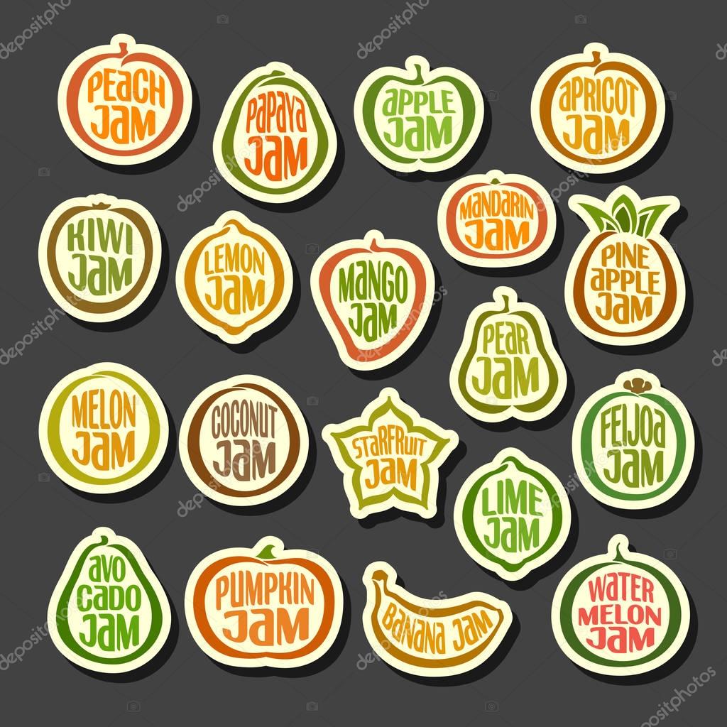 Vector Set colorful Fruits Jam icons: collection set of abstract label peach jam, simple fruit logo or icon of pineapple jams, minimalistic cartoon pictograms isolated on black background.