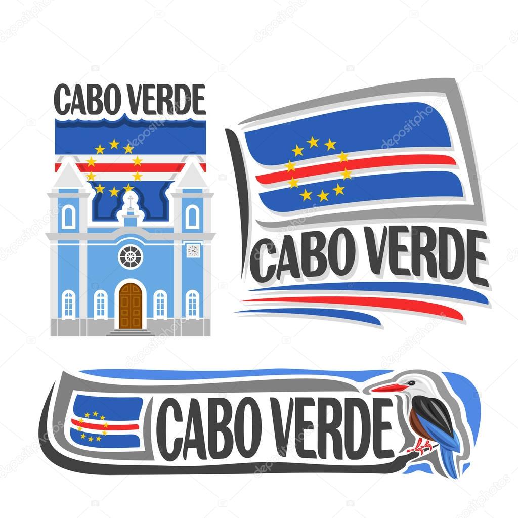 Vector logo Cabo Verde, 3 isolated images: catholic church in Sao Filipe on background national state flag, symbol Republic of cabo verde architecture, cape verde flags, bird grey-headed kingfisher.