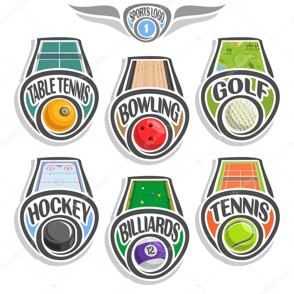 Vector set sports logo with ball, table tennis, bowling alley, golf course lawn, hockey puck on ice rink, billiards pool, tennis ground court, abstract sign sporting club, line balls isolated on white
