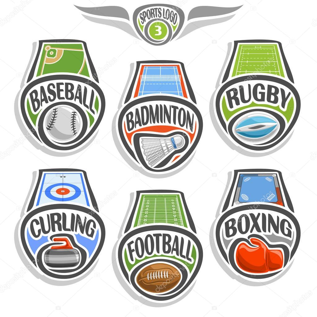 Vector set sports logo with ball, baseball field, badminton shuttlecock, rugby stadium, curling ice rink, american football, glove boxing on ring, abstract sign sporting club, balls isolated on white.