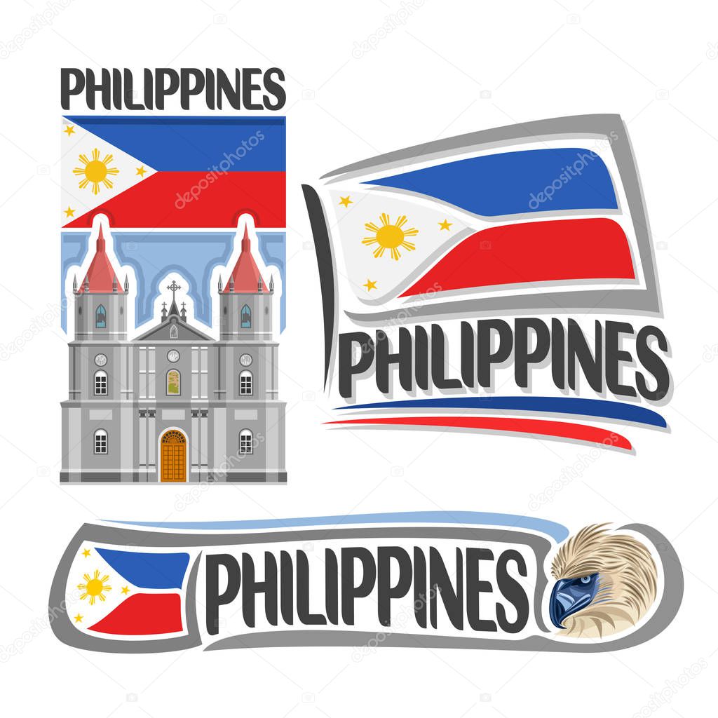 Vector logo Philippines, 3 isolated images: vertical banner molo church in iloilo on filipino national state flag, symbol of philippines head of philippine eagle, minimalistic pilipinas ensign flags.