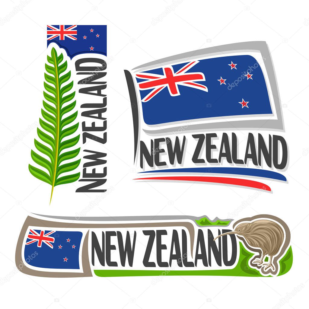 Vector logo New Zealand, 3 isolated images: vertical banner branch green fern leaf on background NZ national state flag, symbol of new zealand bird kiwi, set simple blue ensign flags with union jack.