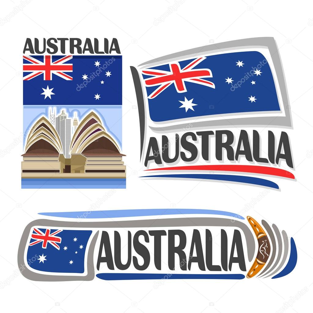 Vector logo Australia, 3 isolated images: vertical banner futuristic Sydney opera house on australian national state flag, symbol of australia aboriginal boomerang, minimalistic aussie ensign flags.