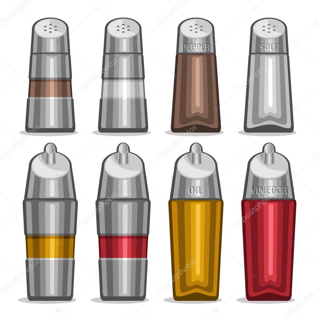 Vector illustration Set glass Shakers for salt and pepper, futuristic metal bottles olive oil and red wine vinegar, high tech decor saltcellar, set containers for condiments, chrome shaker with stamp.