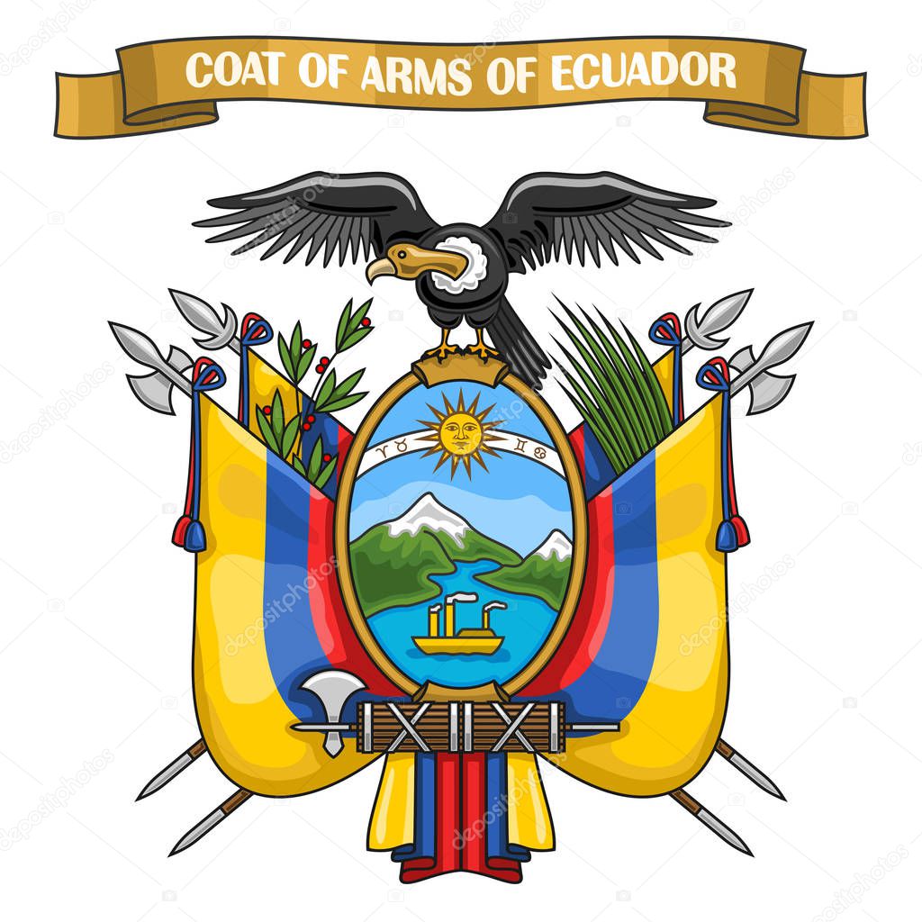Vector illustration on theme Ecuadorian Coat of Arms, heraldic shield with national state flag, on blazon of Ecuador condor, on ribbon title text: coat of arms of ecuador, ecuadorian official heraldry