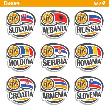 Basketbol topu ile Avrupa ülkelerinin bayrakları vektör ayarla