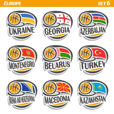 Basketbol topu ile Avrupa ülkelerinin bayrakları vektör ayarla